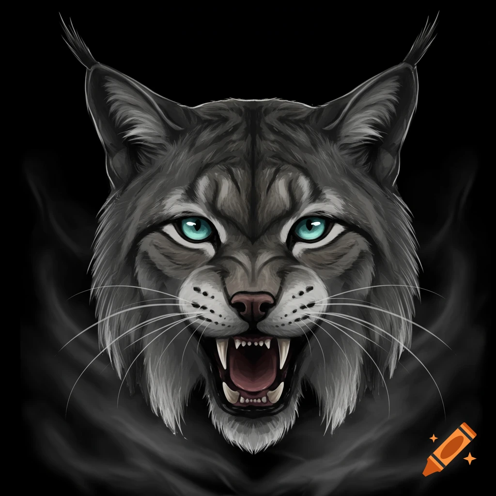 Close-up digital art portrait of a snarling grey lynx with piercing blue eyes and fangs, on a dark background.