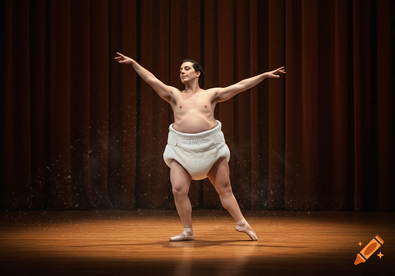 A man wearing a large white diaper and ballet shoes strikes a pose on a wooden stage with brown curtains in the background.