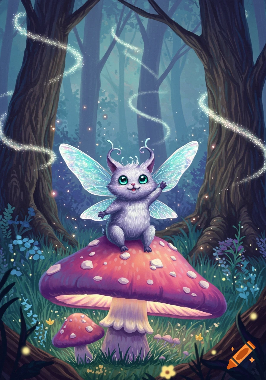 A cute, furry, winged creature with green eyes sits on a large purple mushroom in a glowing, magical forest.