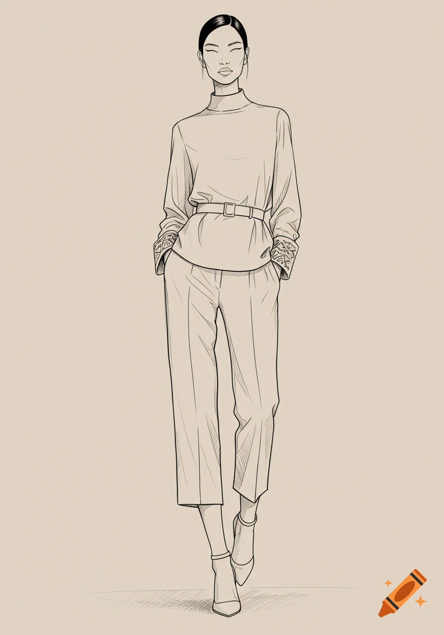 Fashion sketch of a model in a high-neck top with patterned cuffs, belt, wide-leg cropped pants, and ankle-strap shoes.