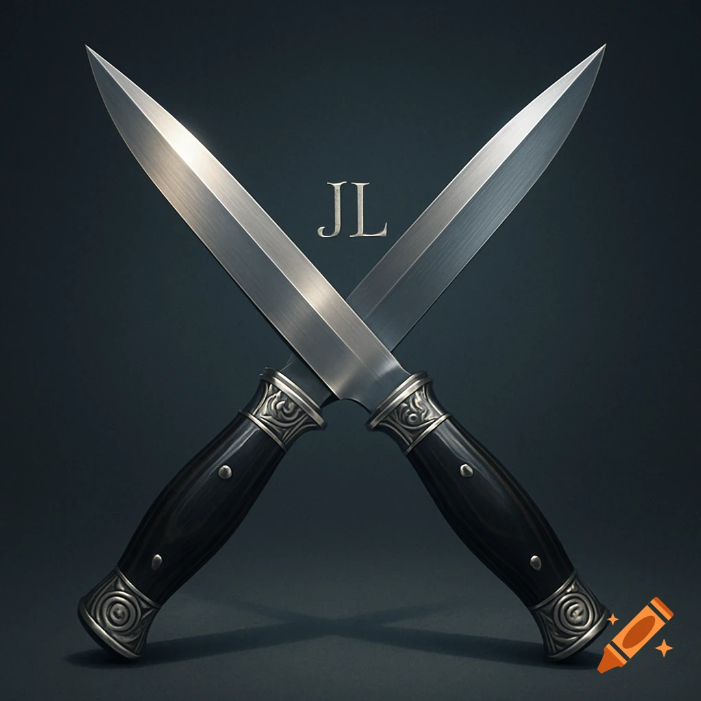 Two crossed silver knives with ornate handles on a dark background, featuring the letters JL.