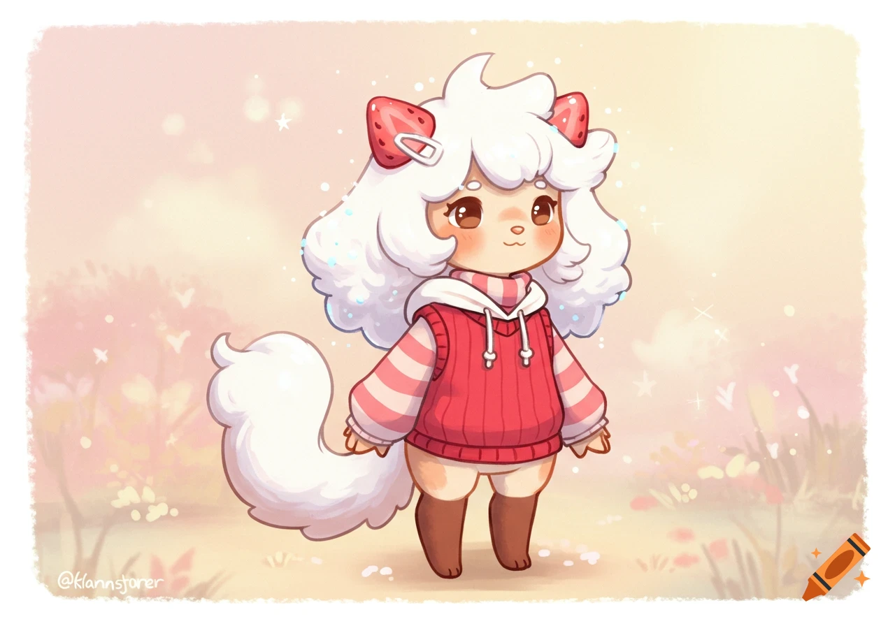A cute, fluffy character with white hair and tail, wearing a red sweater and striped turtleneck, with strawberry pins in its hair, standing in a soft, dreamy landscape.