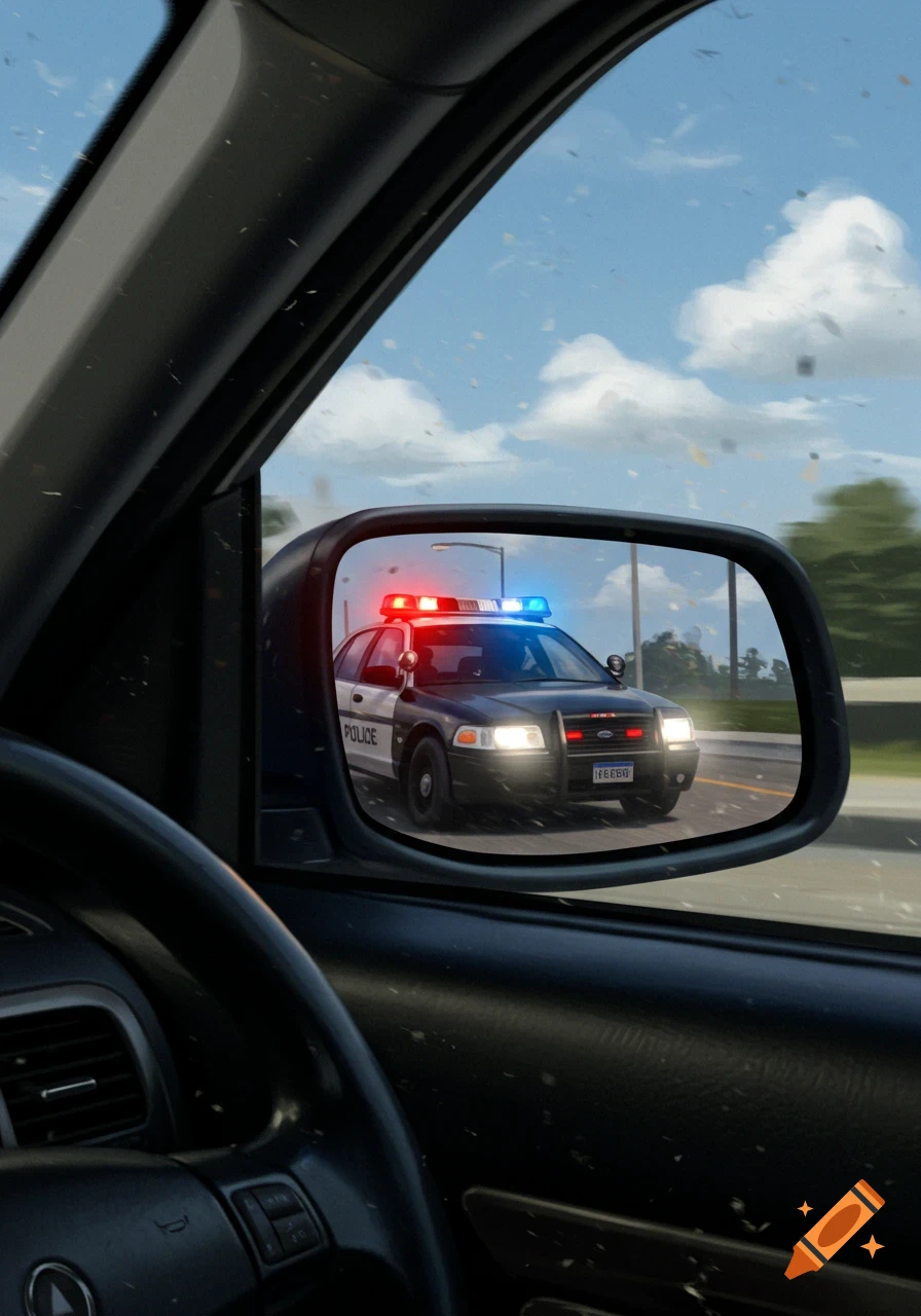 A photorealistic image from inside a car looking into the side mirror, showing a police car with flashing red and blue lights following closely behind on a sunny day.