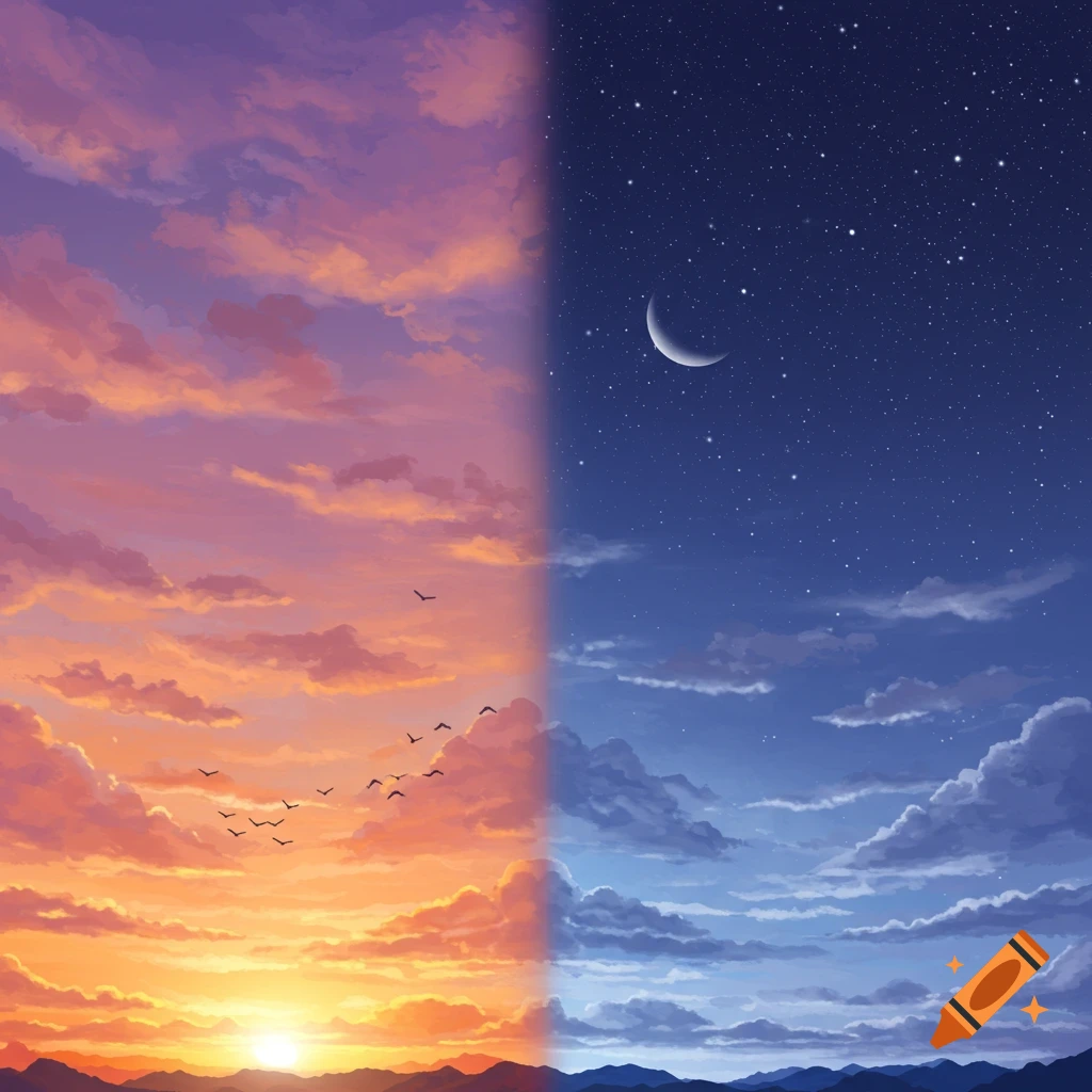 A split image showing a colorful sunrise with birds on the left and a night sky with a crescent moon and stars on the right.