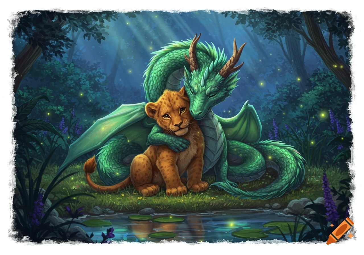 A green dragon gently hugs a small lion cub in a magical, moonlit forest by a pond with fireflies.