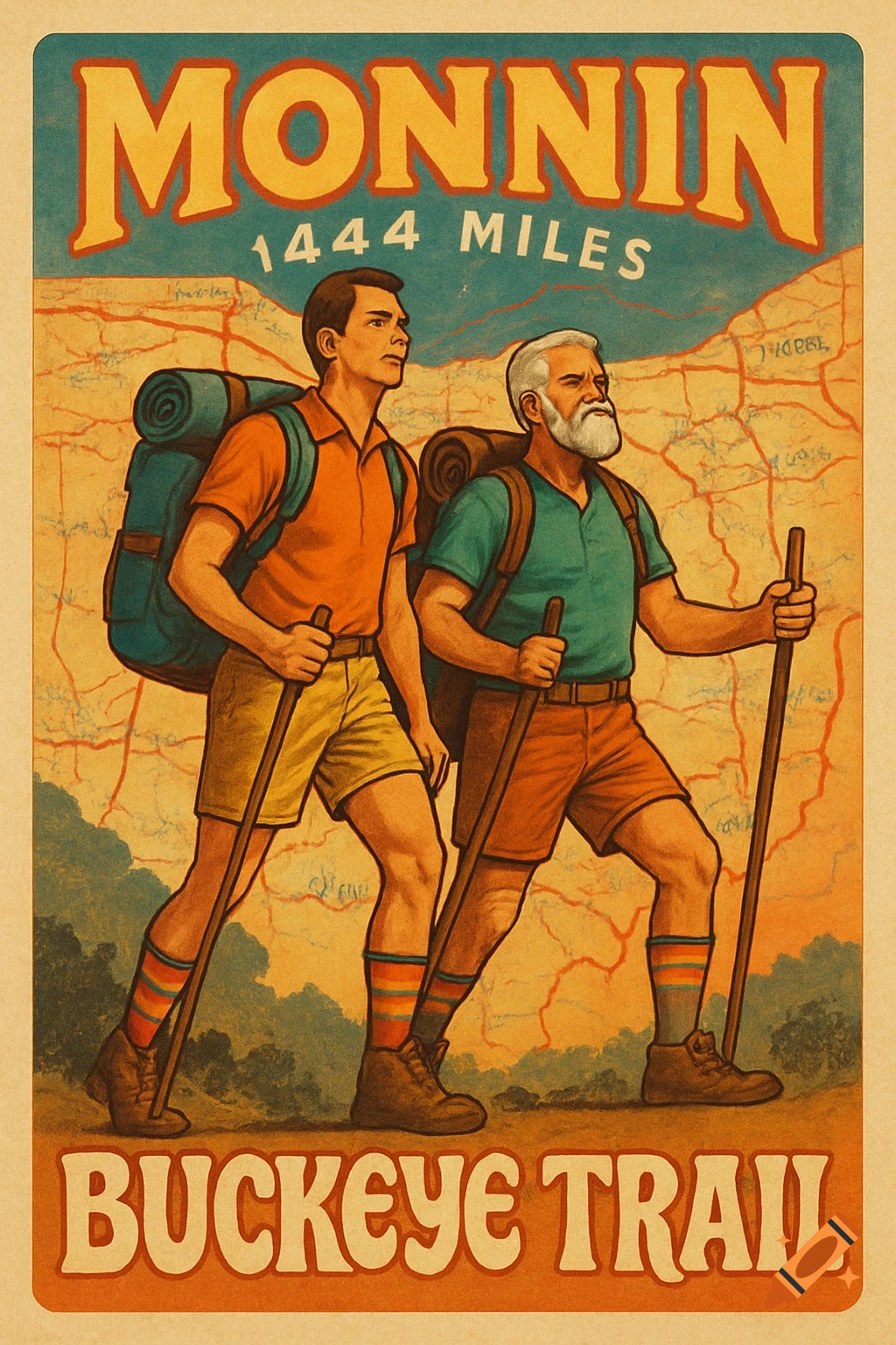 Vintage poster of two male hikers with backpacks and trekking poles, set against a map background, with text "MONNIN 1444 MILES" at the top and "BUCKEYE TRAIL" at the bottom. The image has a textured, aged look.
