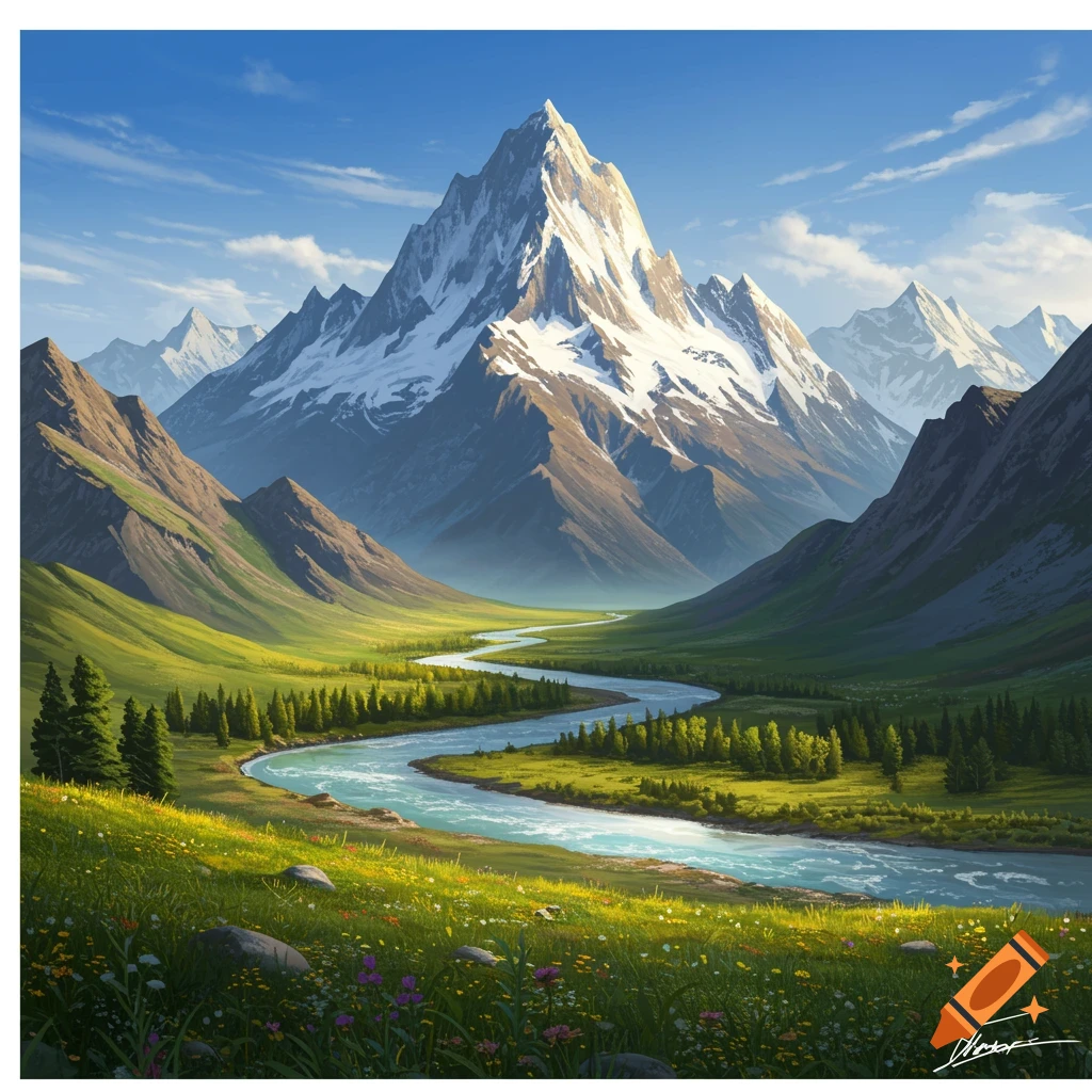 A lush green valley with a winding blue river flowing towards majestic snow-capped mountains under a clear blue sky.