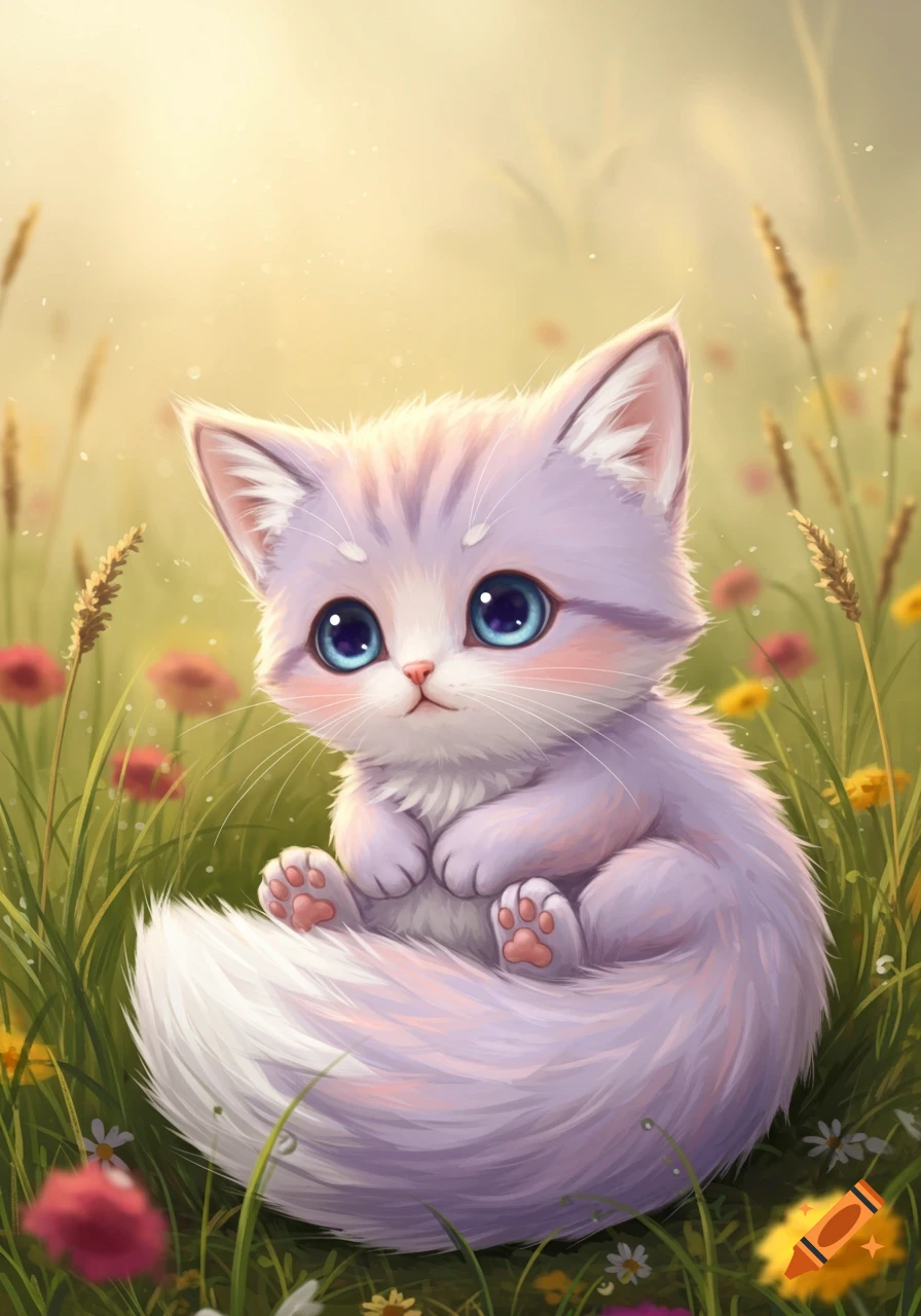 A very cute, stylized purple and white kitten with big blue eyes sits curled up in a sunny field with green grass and small wildflowers.