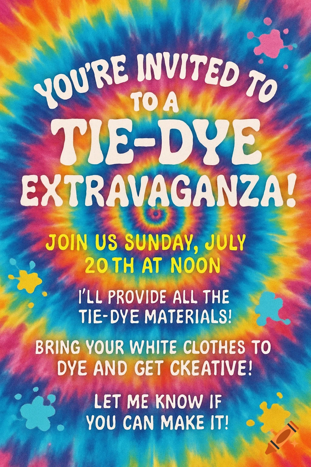 A vibrant tie-dye party invitation poster with text details for a Sunday, July 20th event.