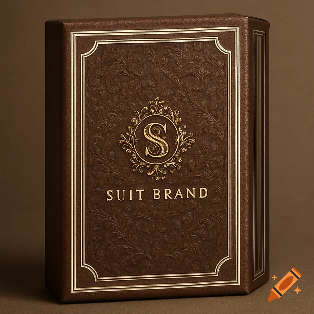 A brown, leather-textured luxury packaging box with golden embossed 'S' monogram and 'SUIT BRAND' text, in a vintage style.