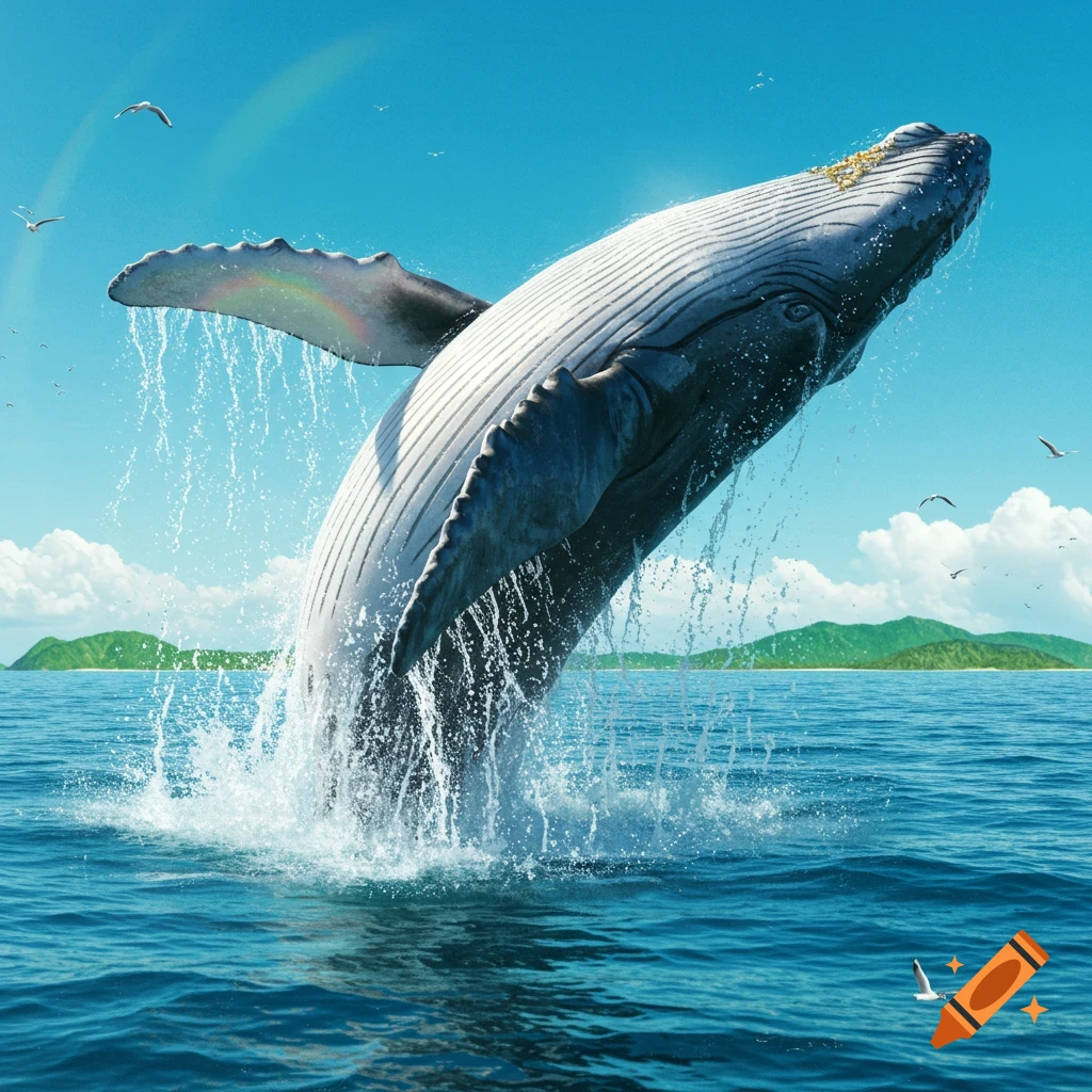 A majestic humpback whale breaches from the ocean, splashing water against a clear blue sky with a subtle rainbow and distant green islands.