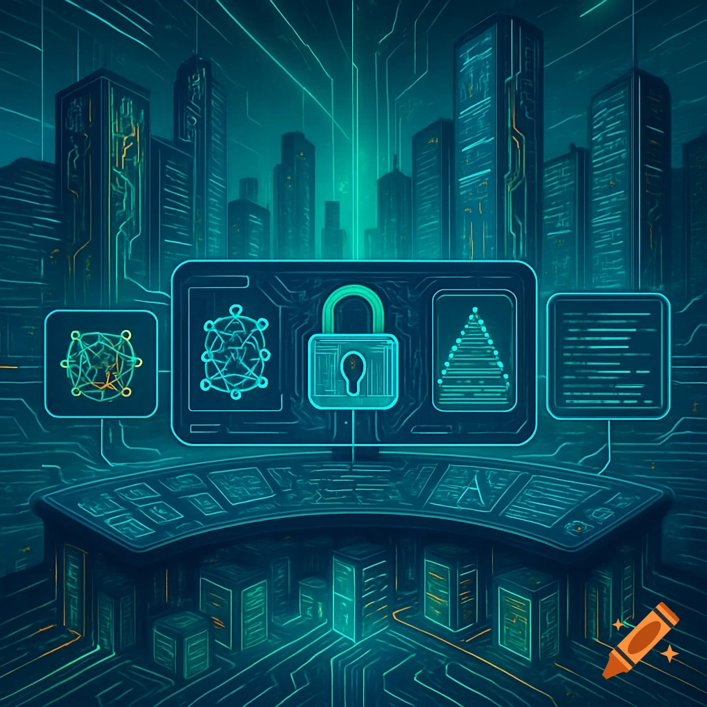 A digital art illustration of a cityscape with circuit lines, a control panel, and glowing icons representing cybersecurity and data on a screen, including a padlock symbol.