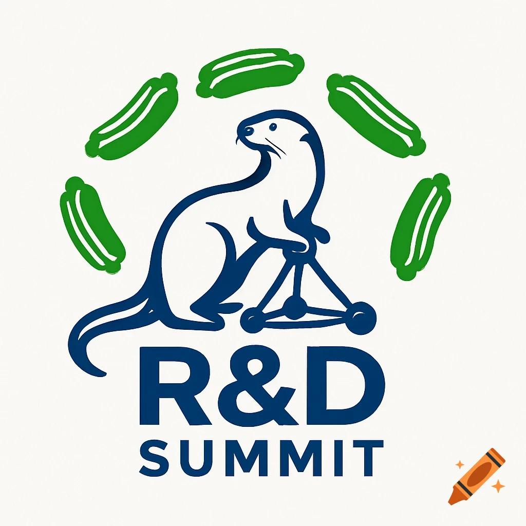 A logo featuring a blue and white otter standing over a tetrahedral structure, surrounded by six green stylized hot dogs. Below the otter are the words "R&D SUMMIT" in blue.