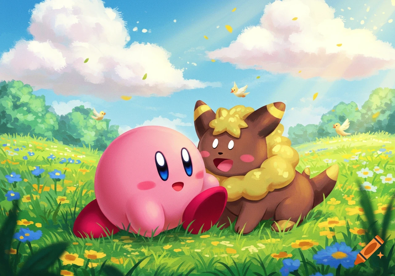 Kirby and Flaaffy cuddle in a sunny, vibrant green field filled with colorful flowers under a blue sky with fluffy clouds. Cartoon style.