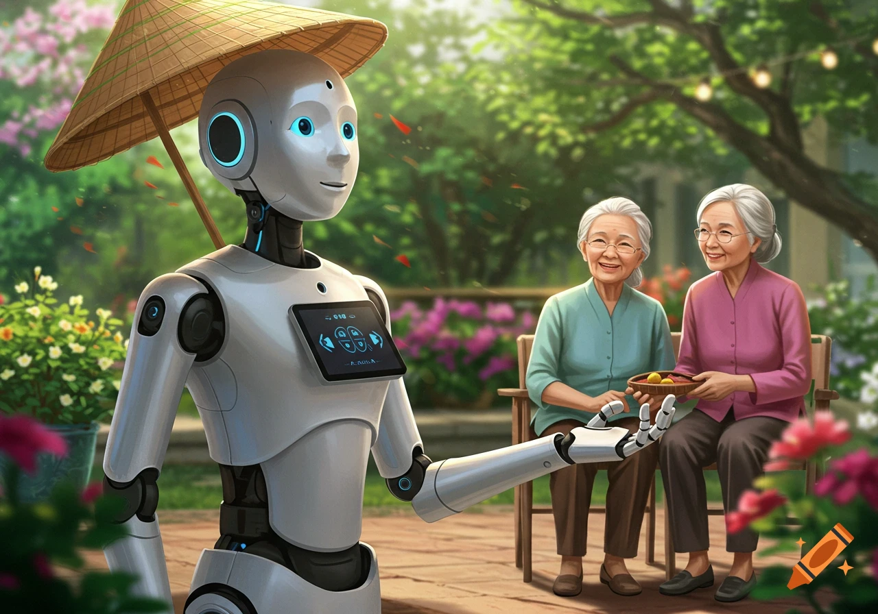 A robot wearing a conical hat interacts with two smiling elderly women in a lush garden.