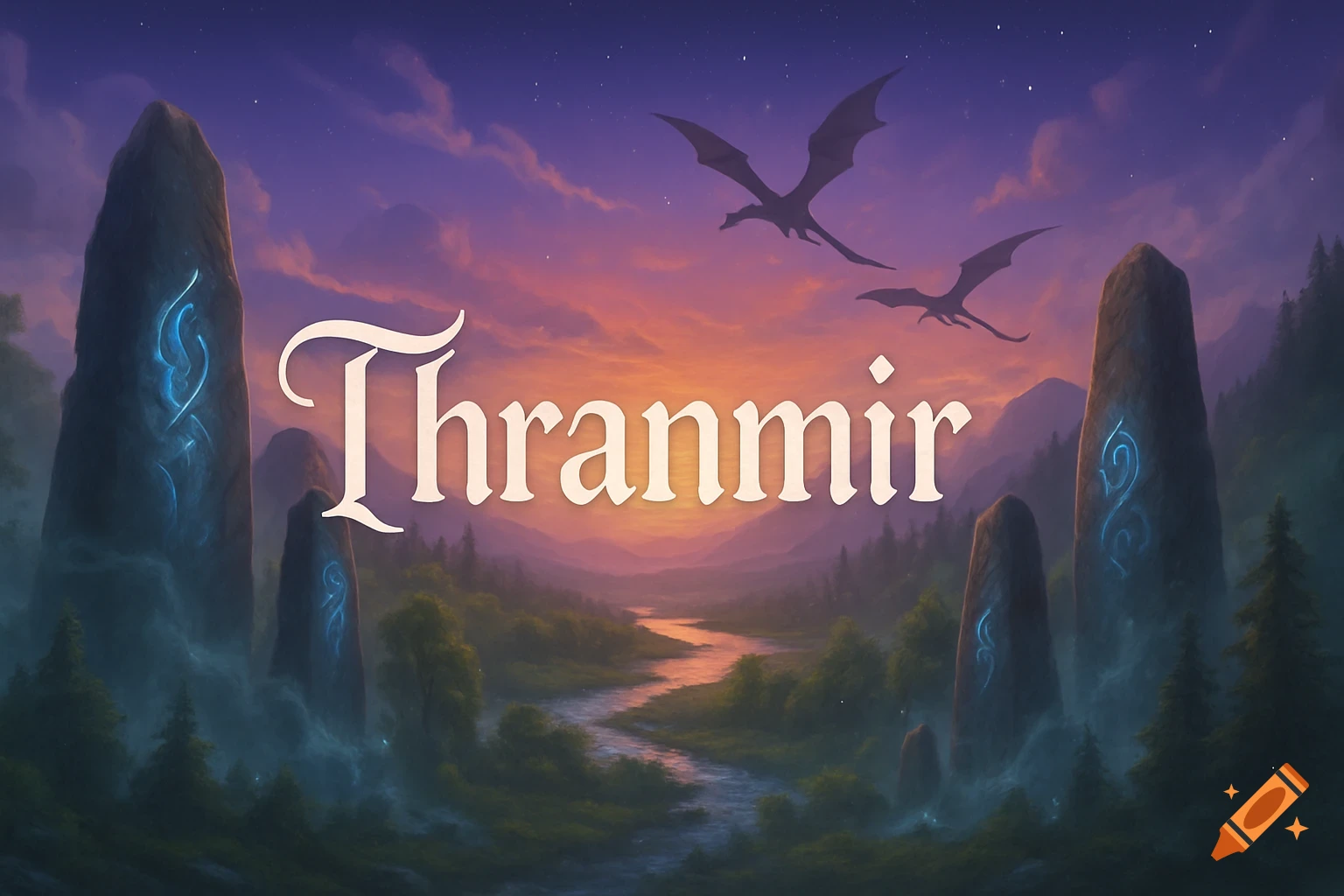 Fantasy landscape at sunset with 'Thranmir' text, two dragons, and glowing ancient stones by a river.