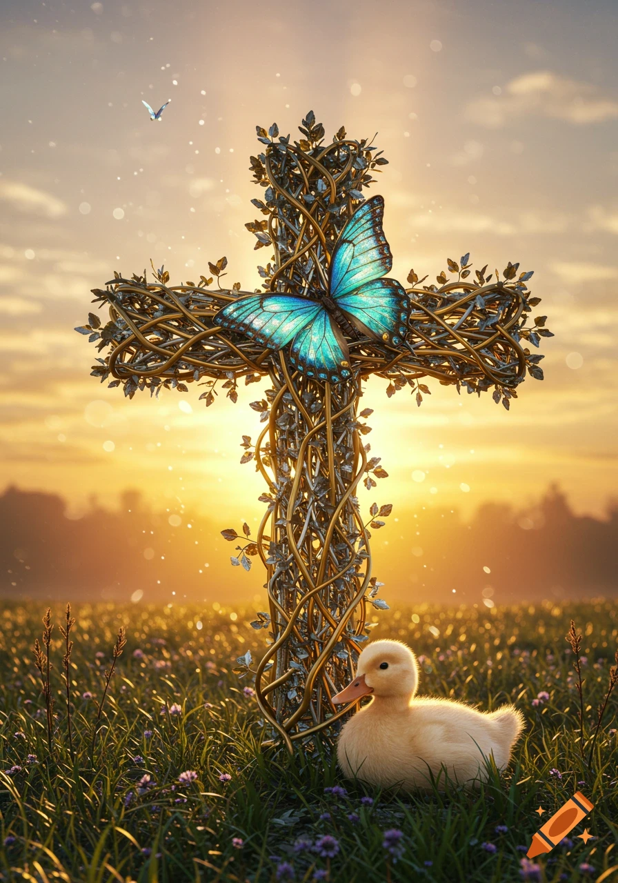 A golden cross wrapped in vines with a blue butterfly, a small duck, and a field of flowers at sunset.