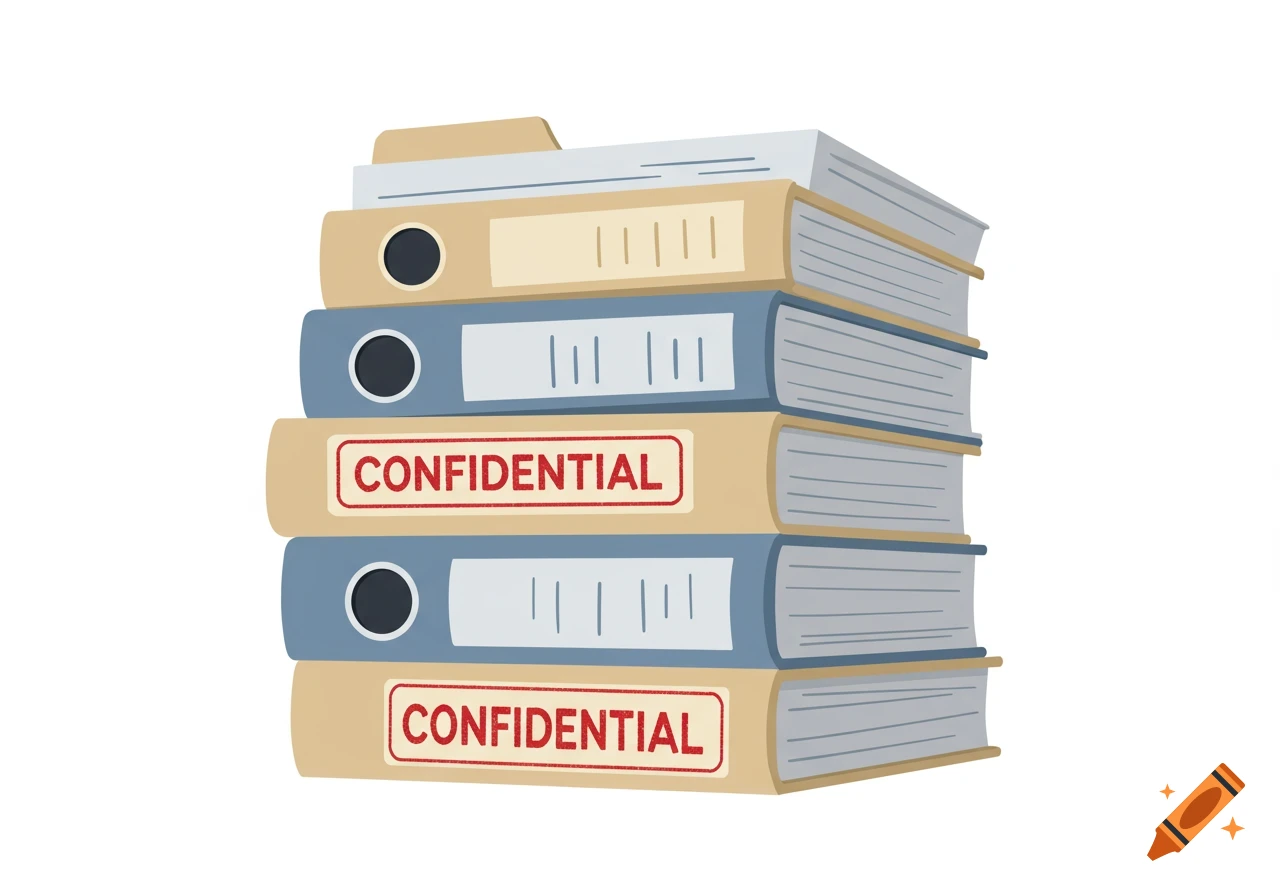 A stack of beige and blue binders and books, two labeled 'CONFIDENTIAL', in an illustration style.