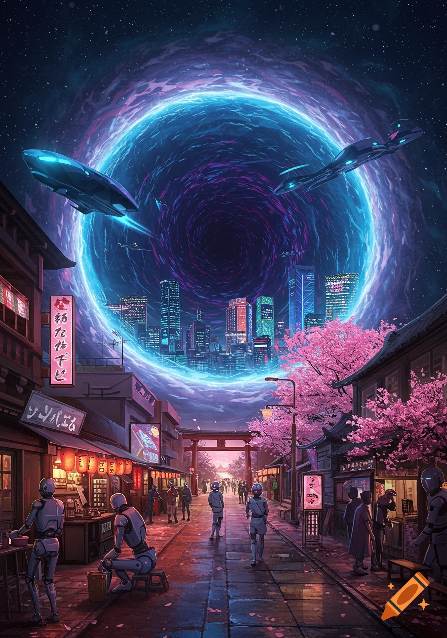 A vibrant sci-fi scene of a futuristic Japanese street with robots, cherry blossoms, and a glowing wormhole revealing a modern city and spaceships.