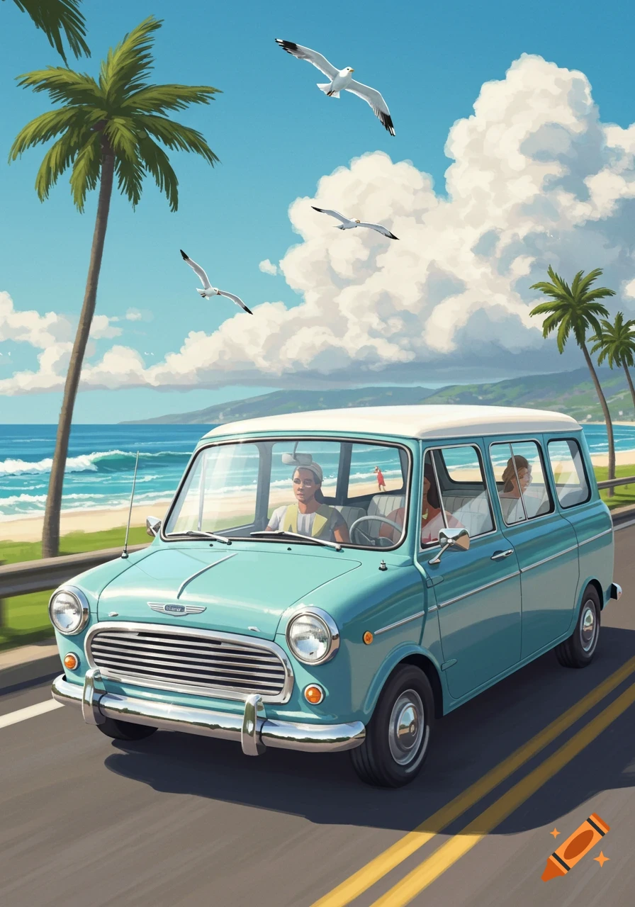 A teal vintage car with people inside drives on a coastal road next to a beach with palm trees and seagulls flying under a blue sky.