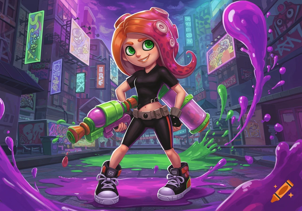 A confident, stylized octoling girl with a large ink gun stands in a neon-lit city street with purple and green ink splatters.