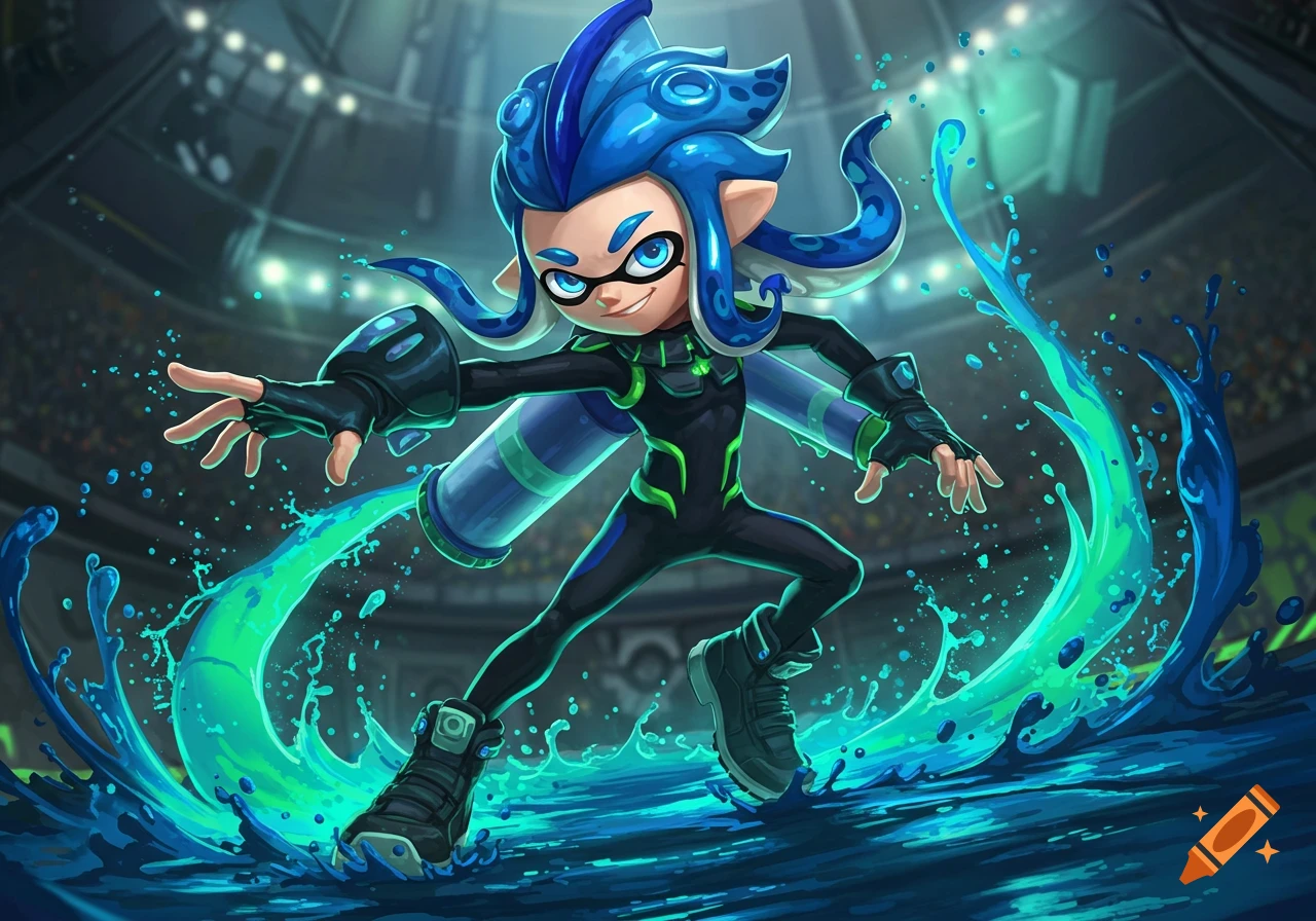 A male Splatoon character with blue tentacle-hair in a black suit, surrounded by vibrant blue and green ink splashes, in an arena.