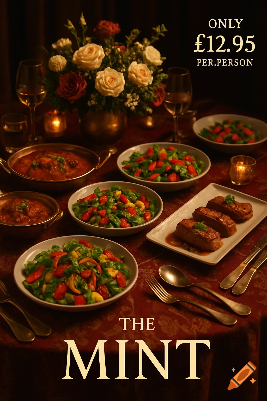 A dark, warm-toned image of a banquet table filled with various dishes, salads, and drinks, with flowers and candles, and text promoting 'The Mint' and a price of 'Only £12.95 per person'.
