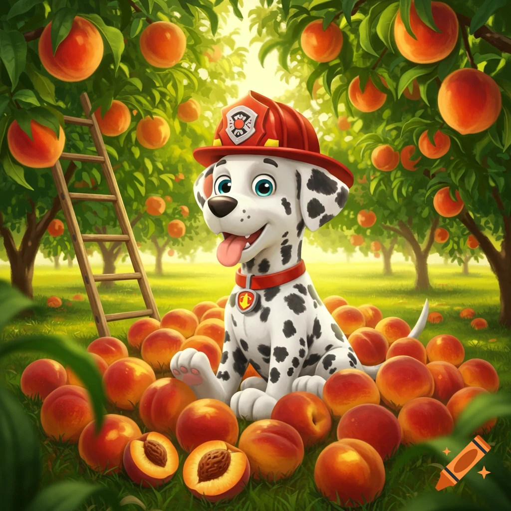 A cartoon dalmatian dog in a firefighter helmet sits amidst ripe peaches in a sunny orchard, with a ladder.