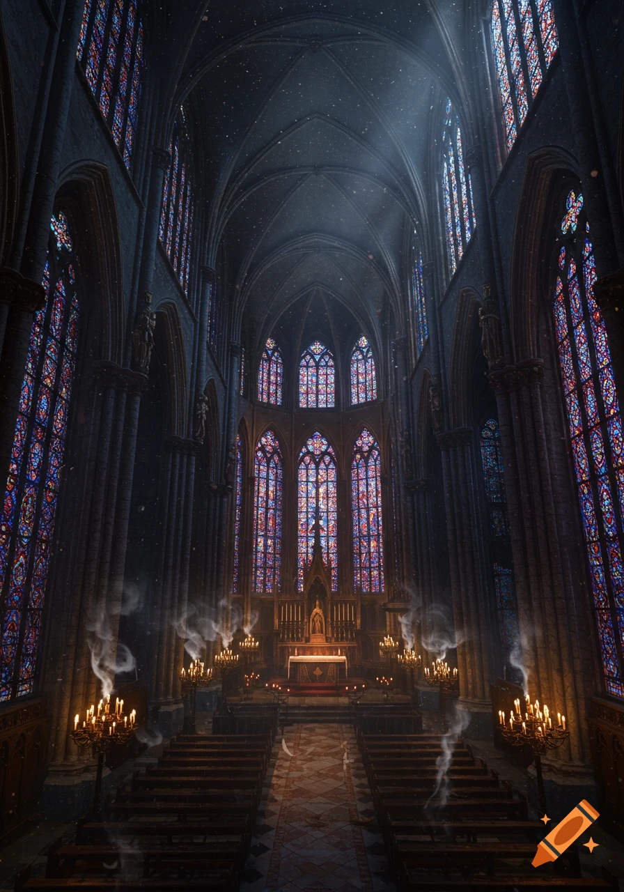 A grand, dark Gothic church interior with towering stained glass windows, lit by candlelight and dust motes.