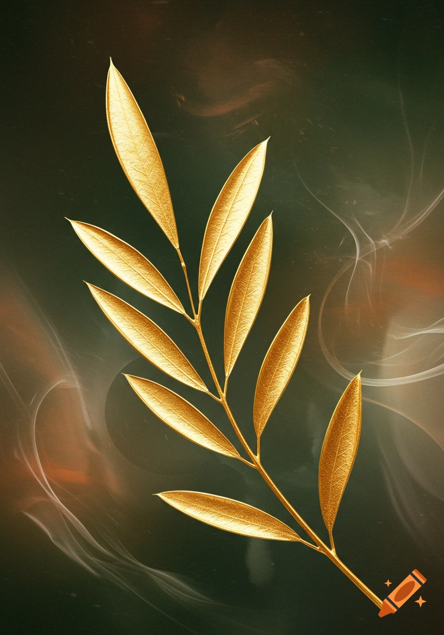 A golden olive branch with textured leaves against a dark, abstract background with light wisps, in an artistic style.