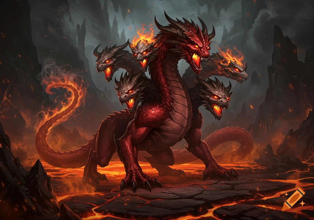 A formidable five-headed red dragon-like creature with glowing eyes stands on cracked lava in a dark, volcanic landscape.