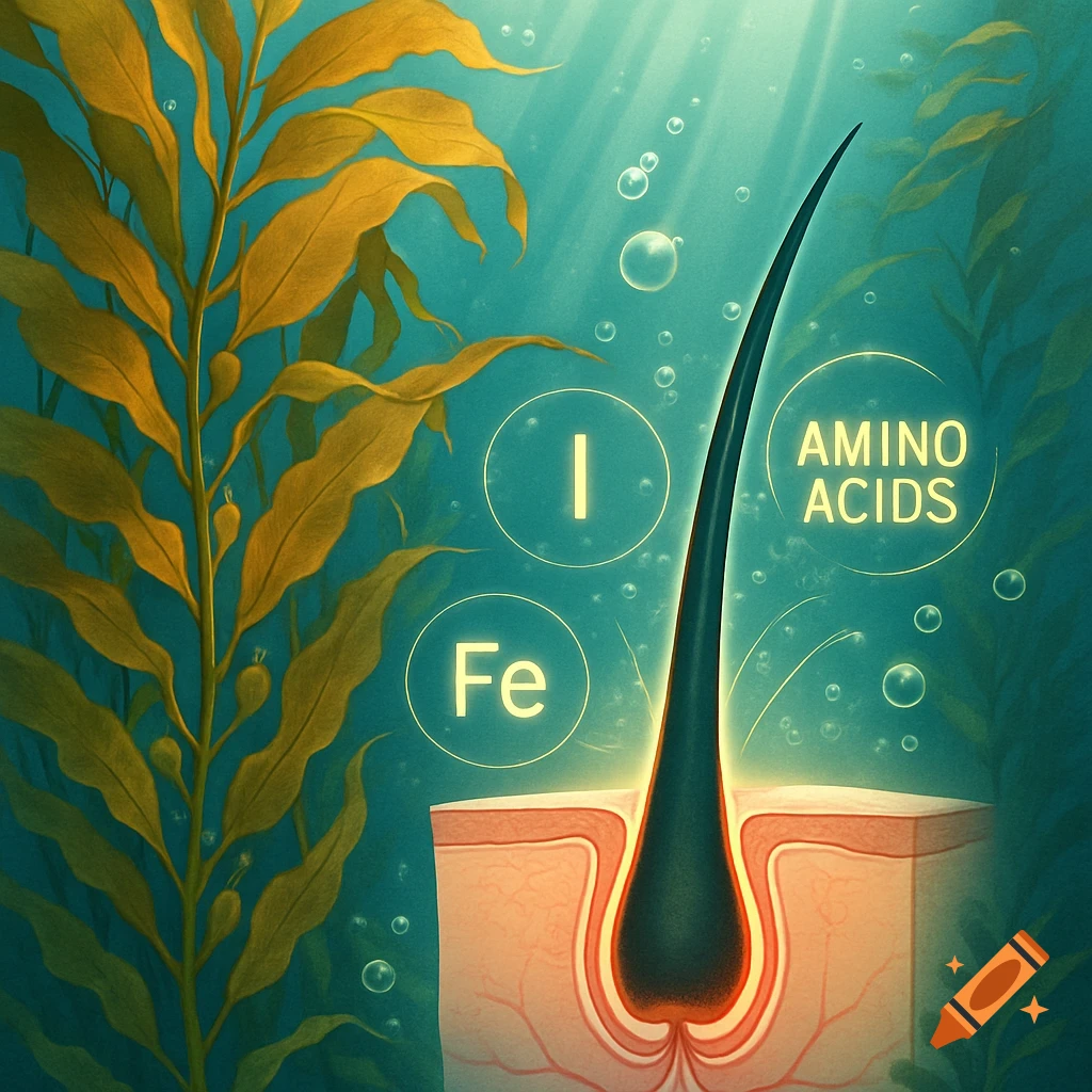 An illustration of a hair follicle under kelp with glowing circles showing Iodine (I), Iron (Fe), and Amino Acids.