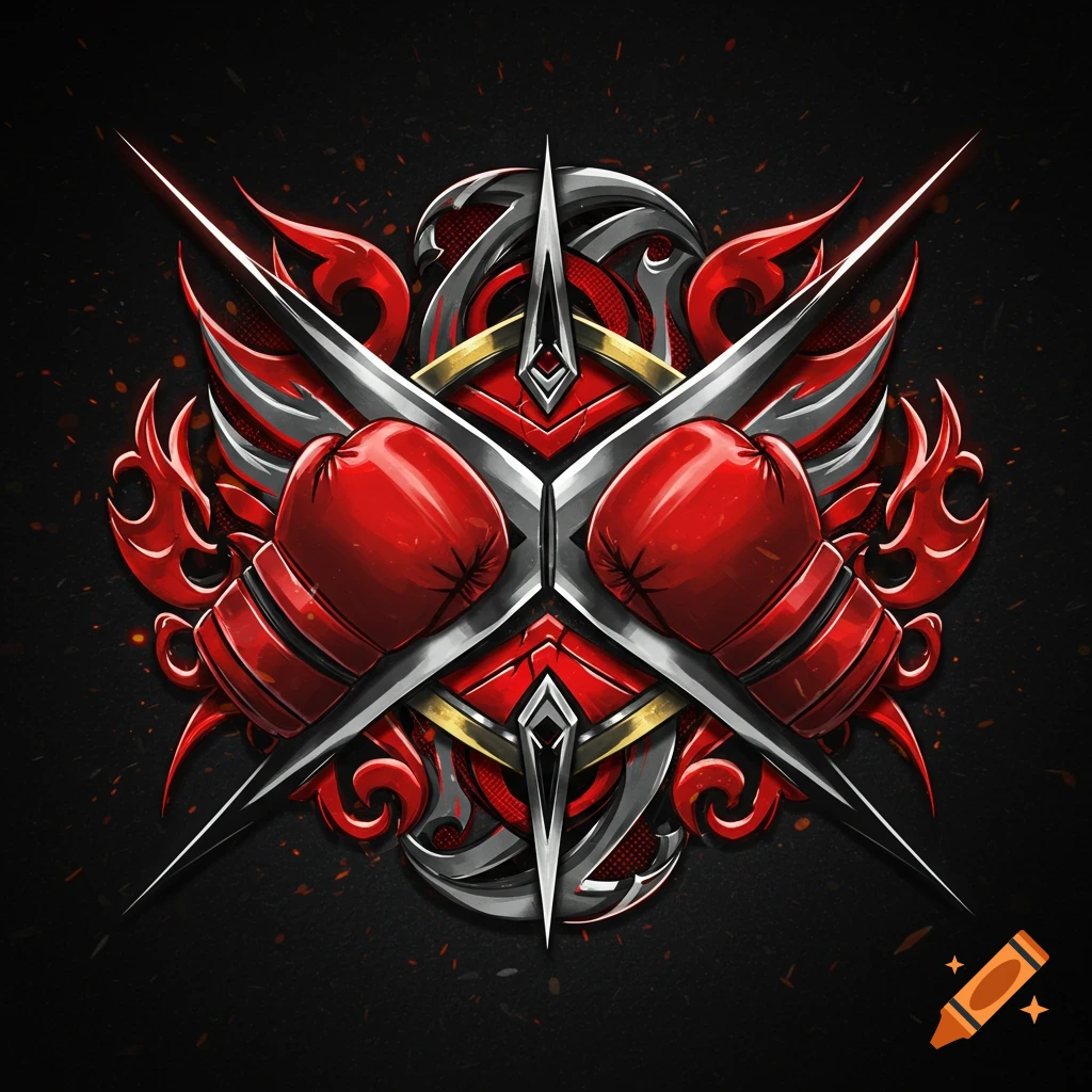 A stylized emblem featuring crossed red boxing gloves and sharp, silver, and gold metallic blades, surrounded by red flame-like elements on a dark background.