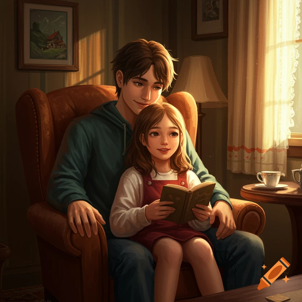 Illustration of a man and a girl reading a book in a sunlit armchair.
