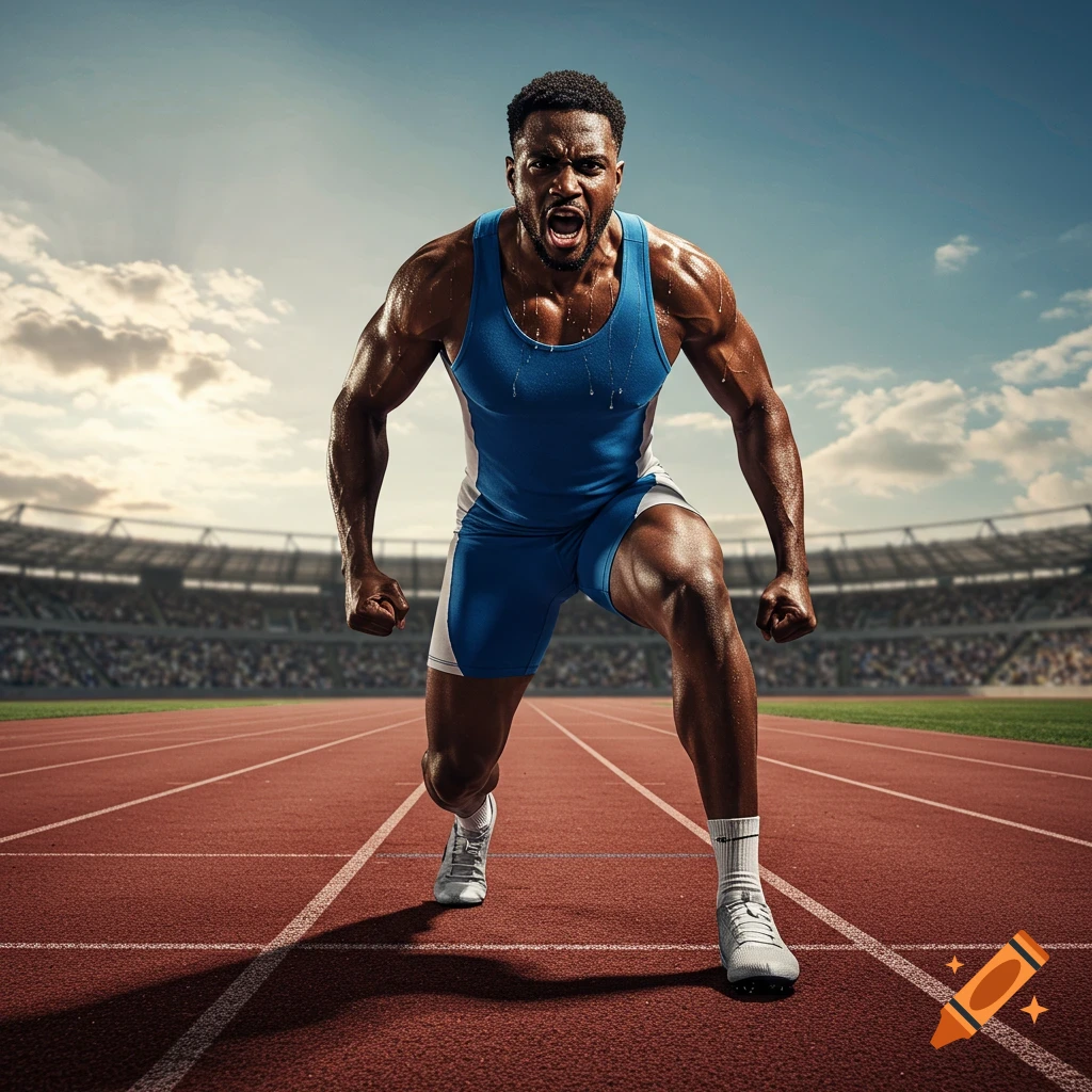 A muscular male athlete in a blue and white uniform yells, crouching at the starting line of a running track in a stadium.