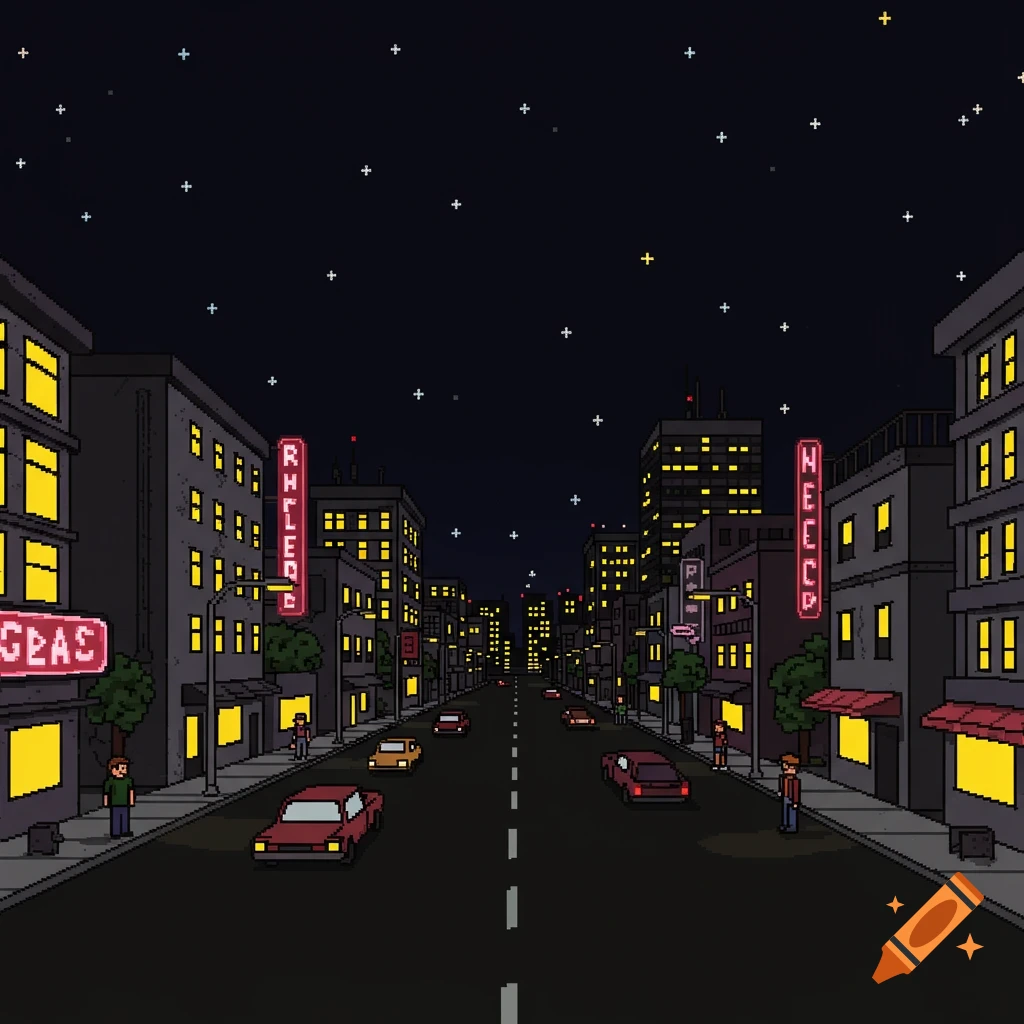 A pixel art cityscape at night, featuring a street with cars, buildings with glowing windows, and bright neon signs under a starry sky.