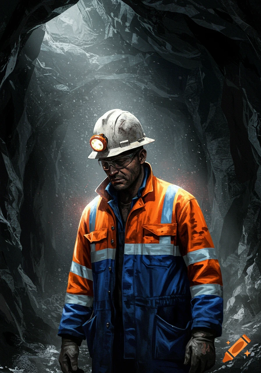 A man wearing a white hard hat with a headlamp, orange and blue reflective uniform, and safety glasses stands in a dark, dusty mine shaft.