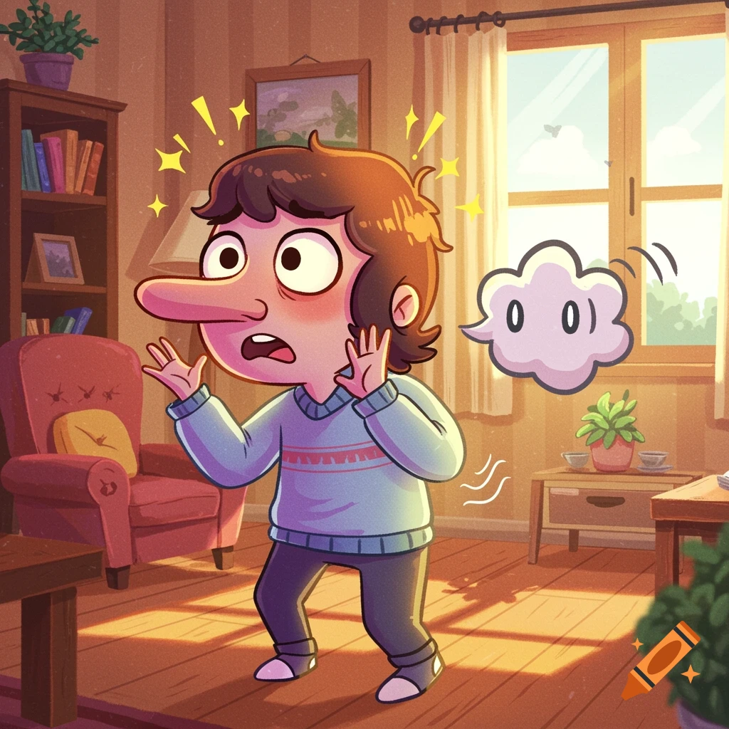 Cartoon illustration of a surprised person with a long nose standing in a sunlit living room, a thought bubble showing '0 0)'.