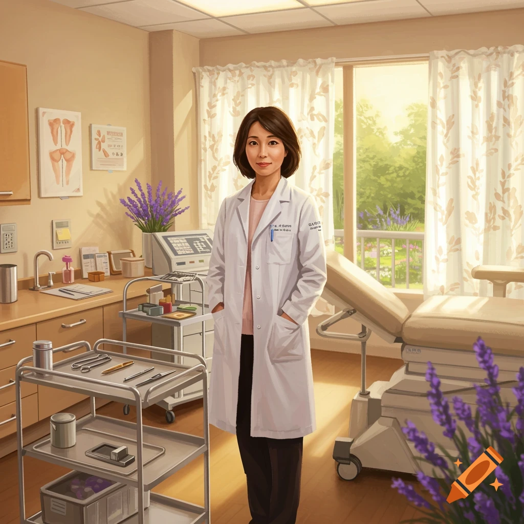 A female doctor in a white lab coat stands in a brightly lit medical examination room with an examination table and medical equipment.
