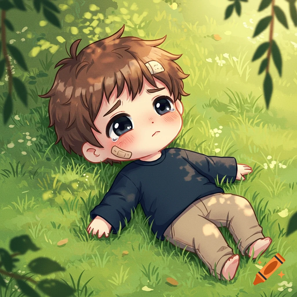 A cute chibi-style boy with brown hair and bandages lies on green grass, looking sad with tears in his eyes.