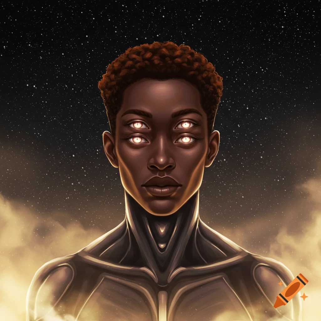 A dark-skinned man with four glowing eyes in a futuristic suit against a starry sky and golden clouds. Digital art.