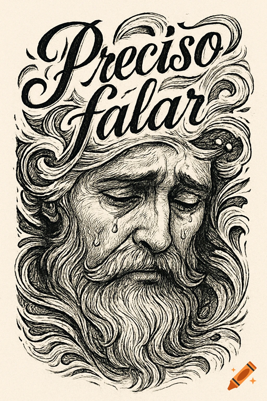 Black and white ink drawing of a sad, bearded man with tears, surrounded by swirling lines, with the words 'Preciso falar' above his head.