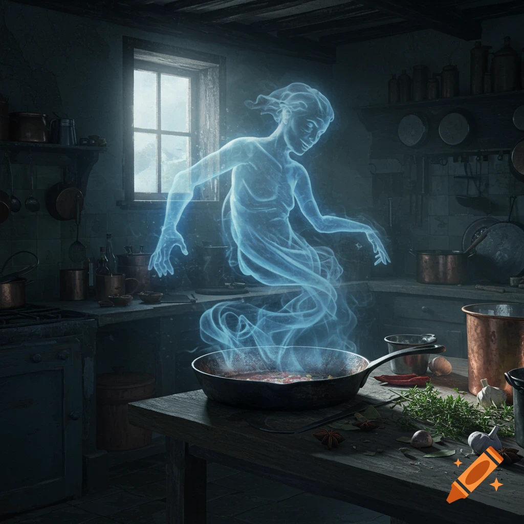 A glowing blue ghost rises from a frying pan in a dark, rustic kitchen.