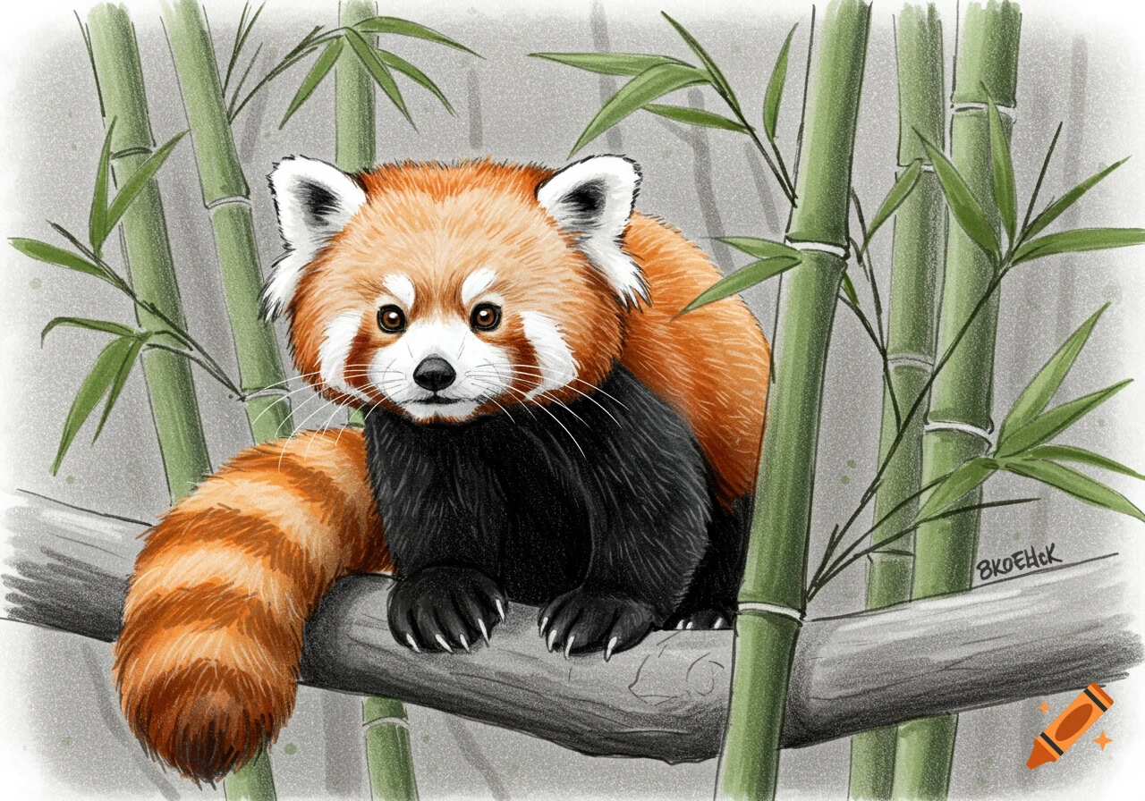 A detailed sketch of a red panda with orange and black fur, sitting on a tree branch amidst green bamboo stalks.