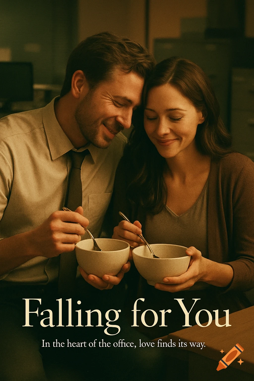 A romantic movie poster featuring a smiling couple in an office setting, holding bowls. Text: 'Falling for You' and 'In the heart of the office, love finds its way.' Cinematic style.