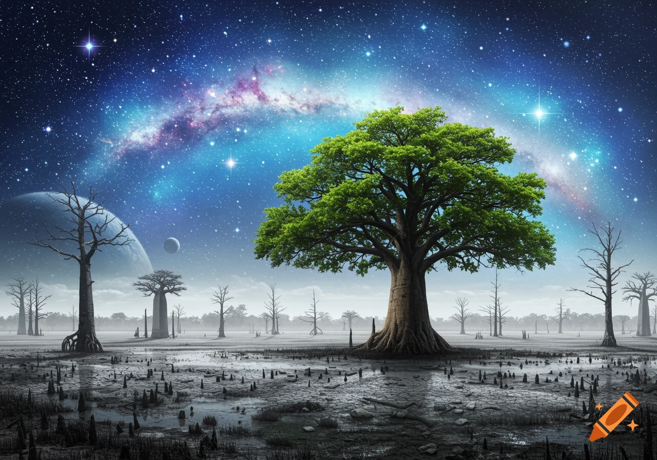 A vibrant green tree in a desolate grey bog landscape under a magical galaxy sky with planets and stars.