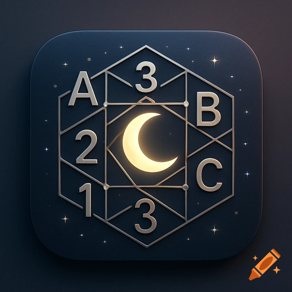 A dark blue rounded icon with gold geometric shapes, letters, numbers, and a glowing crescent moon.