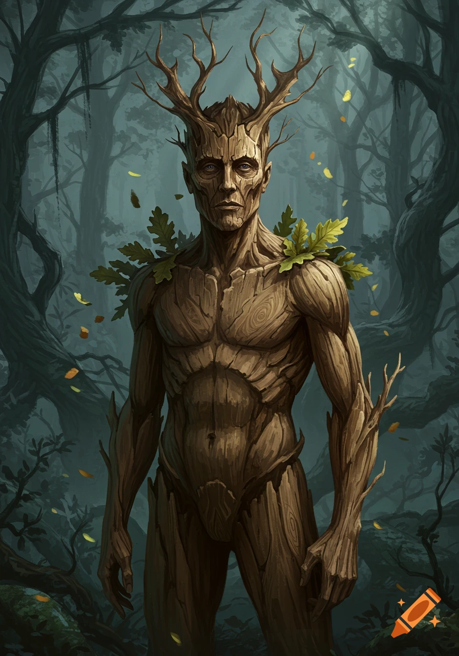 A full body portrait of a man with bark skin and antlers standing in a dark, misty forest, with leaves falling around him.