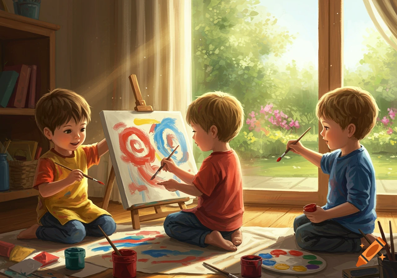 Three young boys paint on a canvas by a sunny window looking out to a green garden, in a colorful illustrated style.
