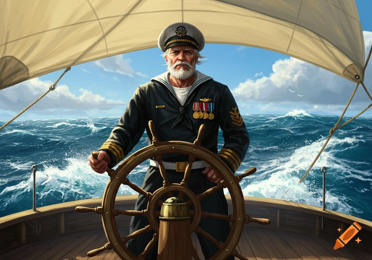 An illustration of an old sailor with a white beard at the helm of a wooden ship on a stormy sea.